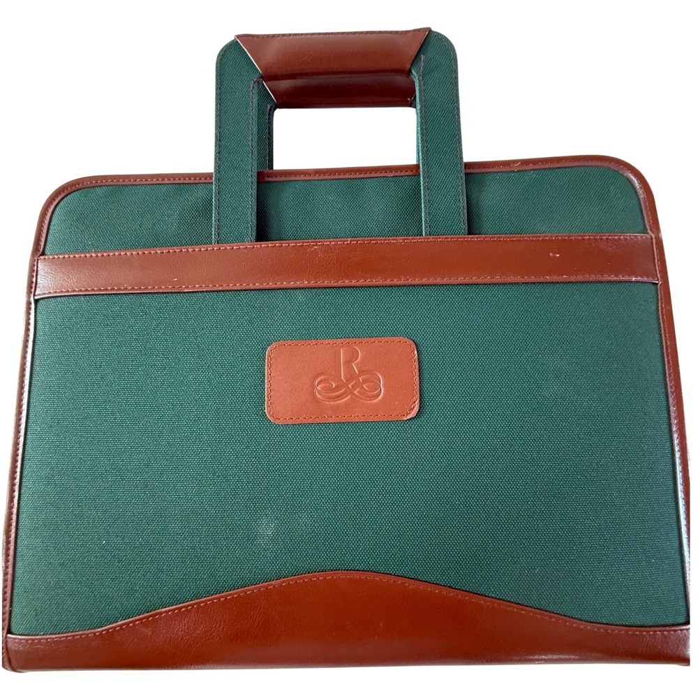 VTG Green Canvas Faux Leather Zip Portfolio Binder Organizer Briefcase Handles